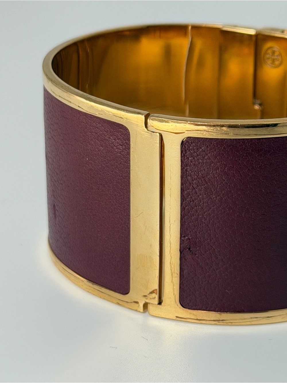 Tory Burch Burgundy Leather Gold Tone Wide Cuff Bracelet - Picture 5 of 9